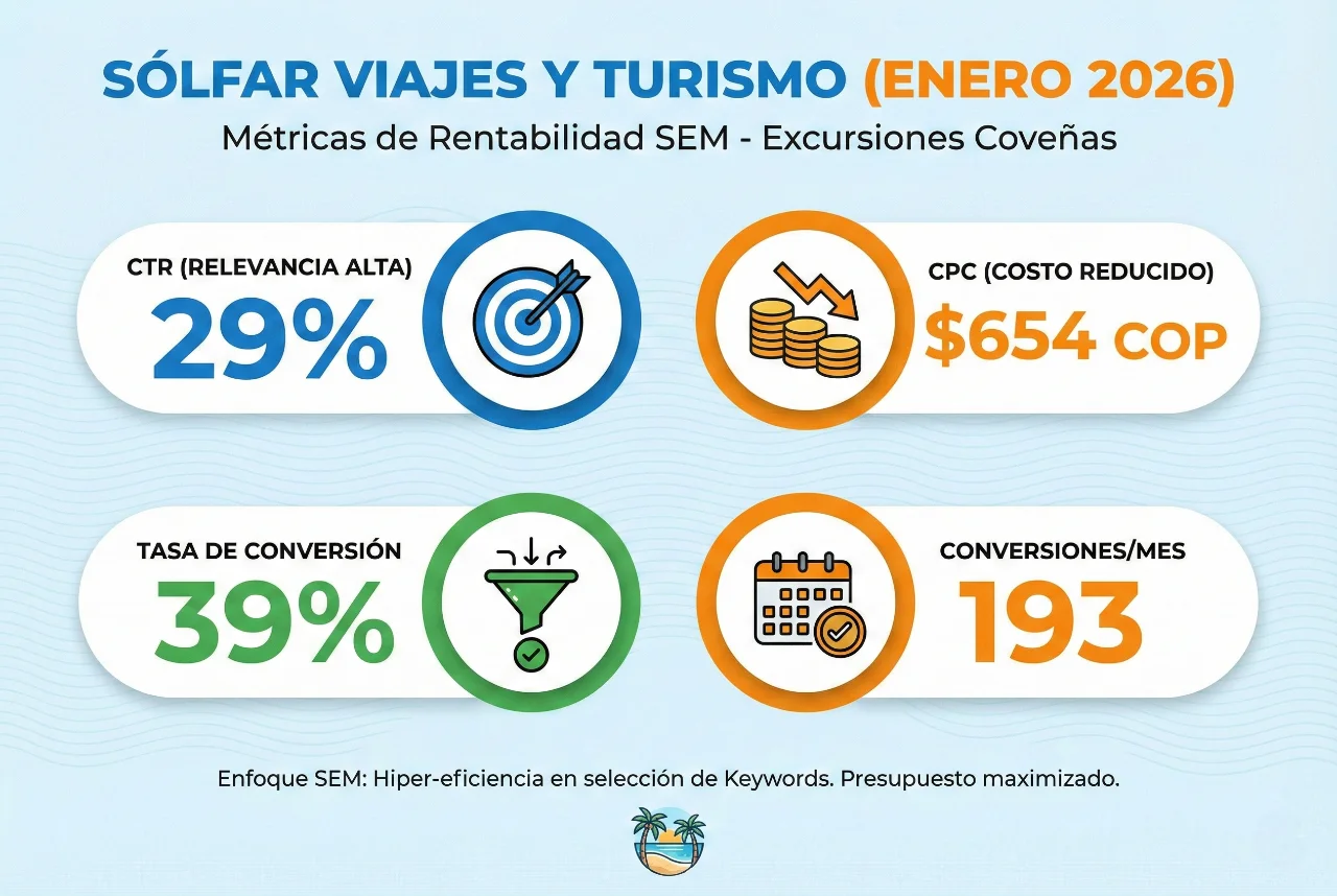 Reporte de campañas Google Ads para Sólfar Viajes: métricas de rendimiento SEM gestionadas por Marketing CPE